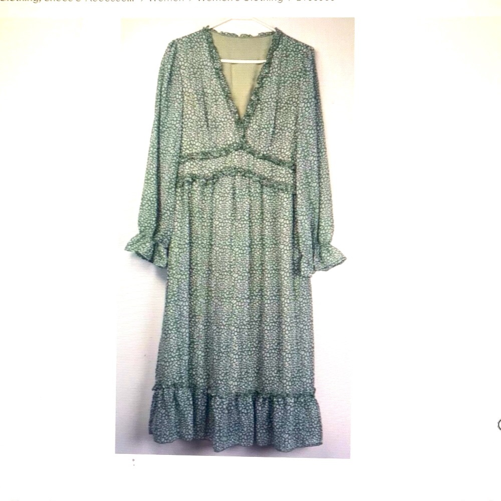 Cupshe Prairie Cottage Dress Empire Long Sleeve Sage Green Animal print …